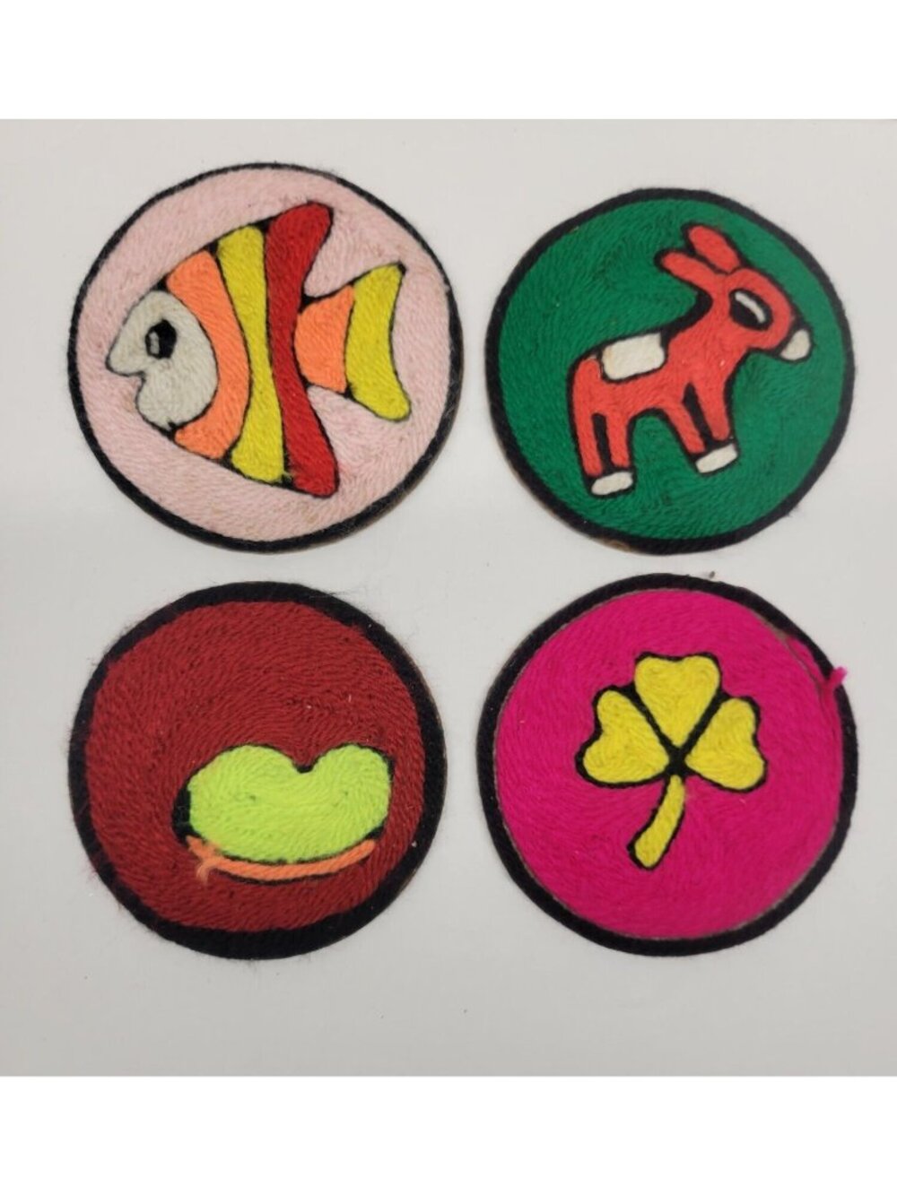 Mexican Folk Art Yarn 4" Round Coasters, Set of 4 Huichol Handmade